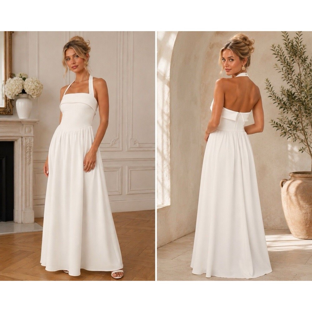 Lulus Telia Maxi Dress White Halter Basque Waist Size S NWT